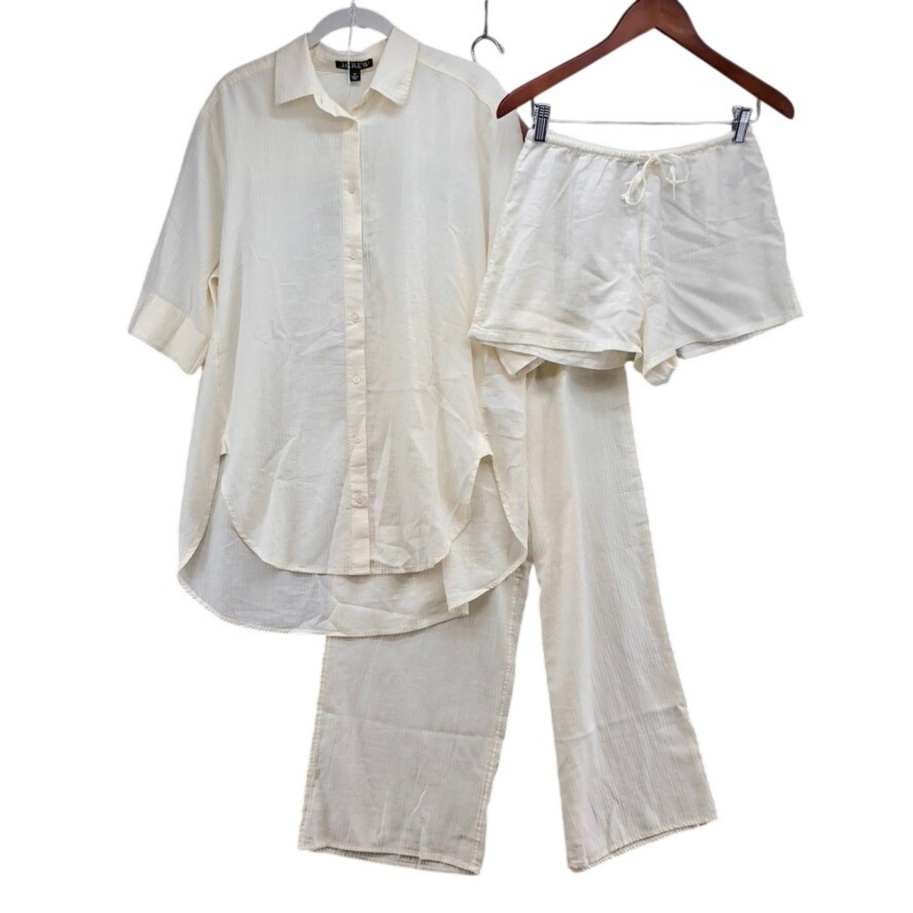 J.Crew 3-Piece Pajama Set Womens XS Cream Cotton Shirt Shorts Pants Sleep Lounge